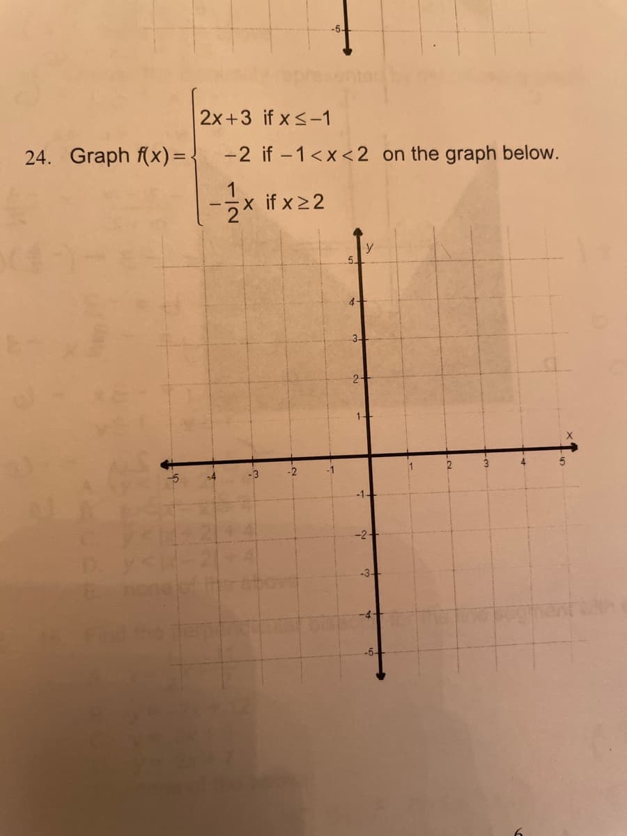 2x+3 if x<-1
24. Graph f(x) =-
-2 if -1<x<2 on the graph below.
1
-x if x2 2
y
5.
4-
3-
2-
1-
-2
-1
-3
-1-
-2-
-3-
-4-
