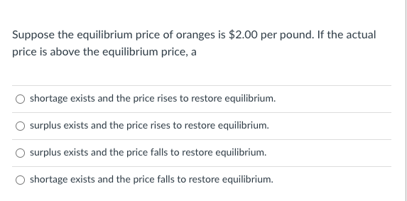 Suppose the equilibrium price of oranges is $2.00 per pound. If the actual
price is above the equilibrium price, a
shortage exists and the price rises to restore equilibrium.
surplus exists and the price rises to restore equilibrium.
surplus exists and the price falls to restore equilibrium.
shortage exists and the price falls to restore equilibrium.
