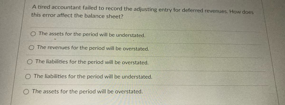 A tired accountant failed to record the adjusting entry for deferred revenues. How does
this error affect the balance sheet?
O The assets for the period will be understated.
O The revenues for the period will be overstated.
O The liabilities for the period will be overstated.
O The liabilities for the period will be understated.
The assets for the period will be overstated.
