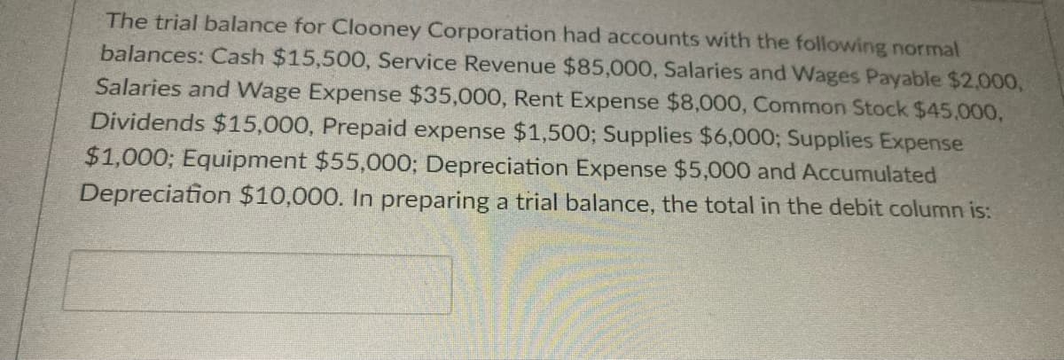 The trial balance for Clooney Corporation had accounts with the following normal
balances: Cash $15,500, Service Revenue $85,000, Salaries and Wages Payable $2,000,
Salaries and Wage Expense $35,000, Rent Expense $8,000, Common Stock $45,000,
Dividends $15,000, Prepaid expense $1,500; Supplies $6,000; Supplies Expense
$1,000; Equipment $55,00O; Depreciation Expense $5,000 and Accumulated
Depreciation $10,000. In preparing a trial balance, the total in the debit column is:
