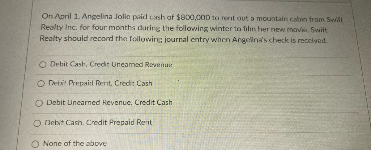 On April 1, Angelina Jolie paid cash of $800,000 to rent out a mountain cabin from Swift
Realty Inc. for four months during the following winter to film her new movie. Swift
Realty should record the following journal entry when Angelina's check is received.
Debit Cash, Credit Unearned Revenue
O Debit Prepaid Rent, Credit Cash
O Debit Unearned Revenue, Credit Cash
Debit Cash, Credit Prepaid Rent
None of the above
