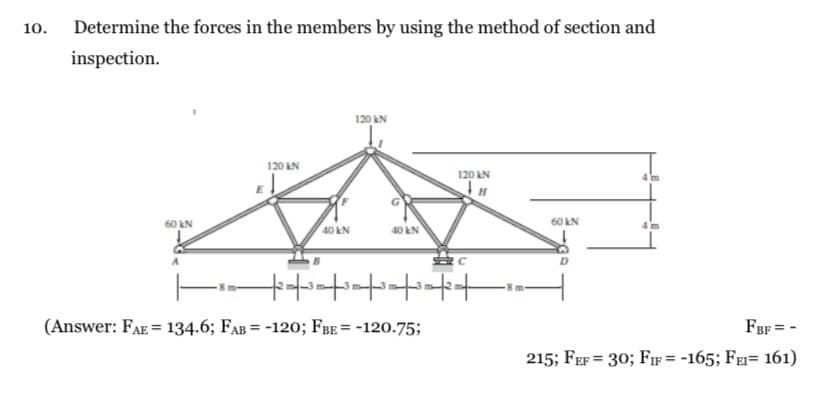 10.
Determine the forces in the members by using the method of section and
inspection.
120 EN
120 AN
120 LN
60 kN
60 kN
40 kN
40 kN
(Answer: FAE = 134.6; FAB = -120; FBE = -120.75;
FBF = -
215; FEF = 30; FIF = -165; FEI= 161)
