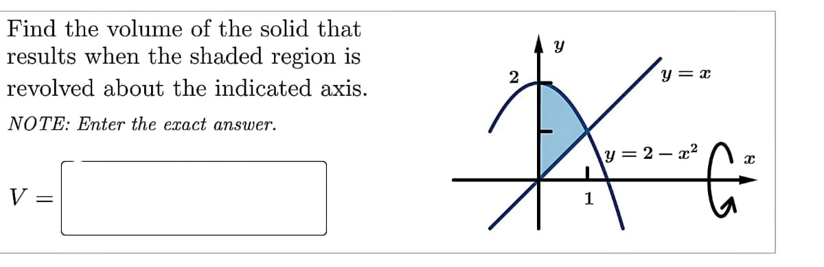 Find the volume of the solid that
results when the shaded region is
2
y = x
revolved about the indicated axis.
NOTE: Enter the exact answer.
y = 2 – x2
V =
