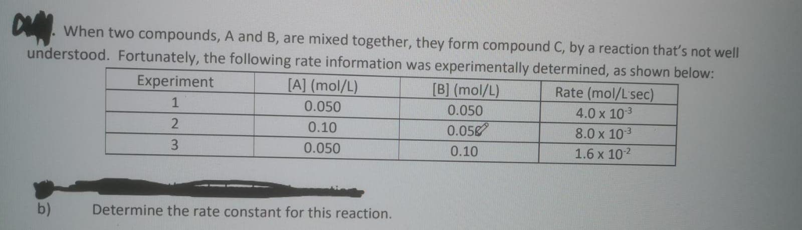 When two compounds, A and B, are mixed together, they form compound C, by a reaction that's not well
understood. Fortunately, the following rate information was experimentally determined, as shown below:
Experiment
[A] (mol/L)
[B] (mol/L)
Rate (mol/L'sec)
1
0.050
0.050
4.0 x 103
0.10
0.058
8.0 x 103
3
0.050
0.10
1.6 x 102
b)
Determine the rate constant for this reaction.

