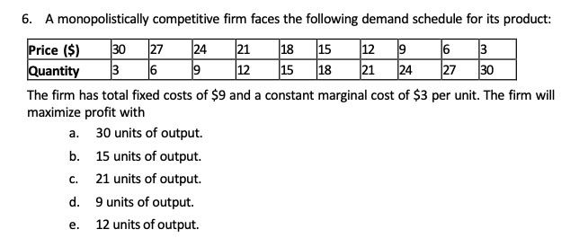 6. A monopolistically competitive firm faces the following demand schedule for its product:
27
|18 15
|12 9
6
3
24
27 30
Price ($)
30
24
21
Quantity
3
6
9
12
15 18
21
The firm has total fixed costs of $9 and a constant marginal cost of $3 per unit. The firm will
maximize profit with
a. 30 units of output.
b. 15 units of output.
С.
21 units of output.
d. 9 units of output.
е.
12 units of output.
