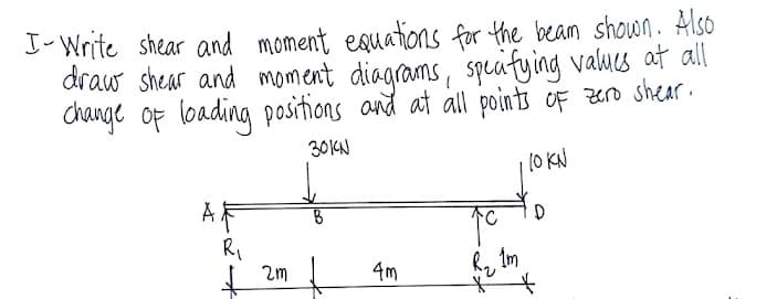 I-Write shear and moment esuations for the beam shown. Also
draw shear and moment diagrams, speafying vawes at all
Change of loading positions and at all points oF zero shear.
30시
(0 KN
AF
RI
4m
Im
