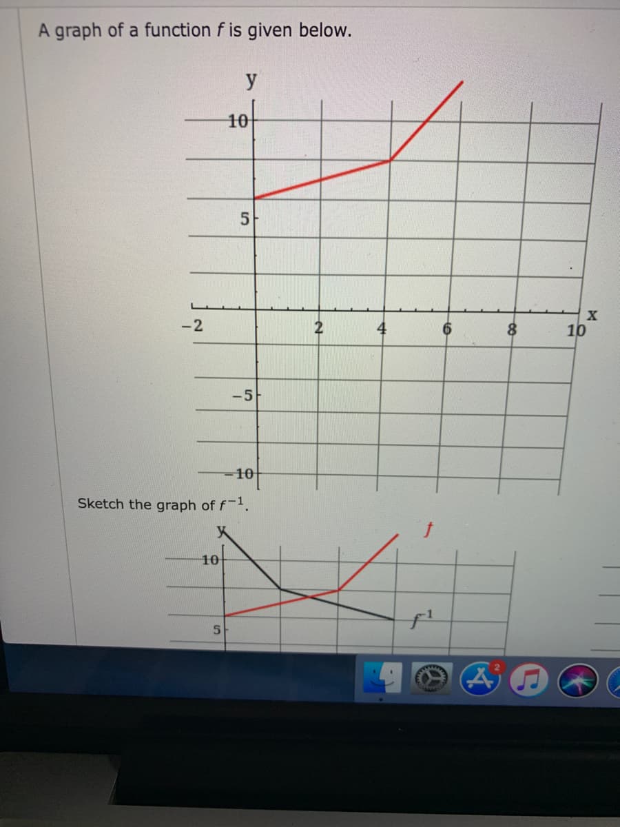 A graph of a function f is given below.
y
10
-2
4
6.
8.
10
-5
10
Sketch the graph of f1.
10
