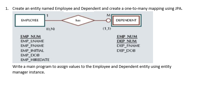 1. Create an entity named Employee and Dependent and create a one-to-many mapping using JPA.
EMPLOYEE
has
DEPENDENT
(0,N
(1,1)
EMP NUM
EMP LNAME
EMP FNAME
EMP_INITIAL
EMP DOB
EMP_HIREDATE
EMP NUM
DEP NUM
DEP FNAME
DEP DOB
Write a main program to assign values to the Employee and Dependent entity using entity
manager instance.
