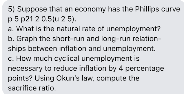 5) Suppose that an economy has the Phillips curve
p 5 p21 2 0.5(u 2 5).
a. What is the natural rate of unemployment?
b. Graph the short-run and long-run relation-
ships between inflation and unemployment.
c. How much cyclical unemployment is
necessary to reduce inflation by 4 percentage
points? Using Okun's law, compute the
sacrifice ratio.
