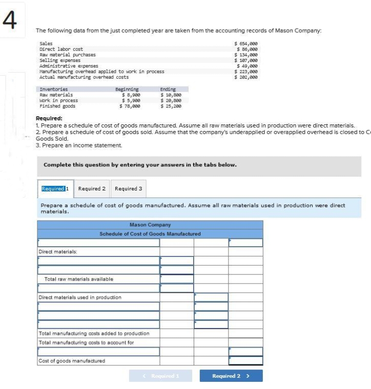 4
The following data from the just completed year are taken from the accounting records of Mason Company:
$ 654,000
$ 86,000
$ 134,000
$ 187,000
$ 49,000
Sales
Direct labor cost
Raw material purchases
Selling expenses
Administrative expenses
Manufacturing overhead applied to work in process
Actual manufacturing overhead costs
Inventories
Raw materials
work in process
Finished goods
Beginning
$ 8,900
$ 5,900
$ 78,000
Required:
1. Prepare a schedule of cost of goods manufactured. Assume all raw materials used in production were direct materials.
2. Prepare a schedule of cost of goods sold. Assume that the company's underapplied or overapplied overhead is closed to C
Goods Sold.
3. Prepare an income statement.
Required 1 Required 2 Required 3
Complete this question by entering your answers in the tabs below.
Direct materials:
Ending
$ 10,800
$ 20,800
$ 25,200
Prepare a schedule of cost of goods manufactured. Assume all raw materials used in production were direct
materials.
Total raw materials available
Mason Company
Schedule of Cost of Goods Manufactured
Direct materials used in production
$ 223,000
$ 202,000
Total manufacturing costs added to production
Total manufacturing costs to account for
Cost of goods manufactured
Required 1
Required 2 >