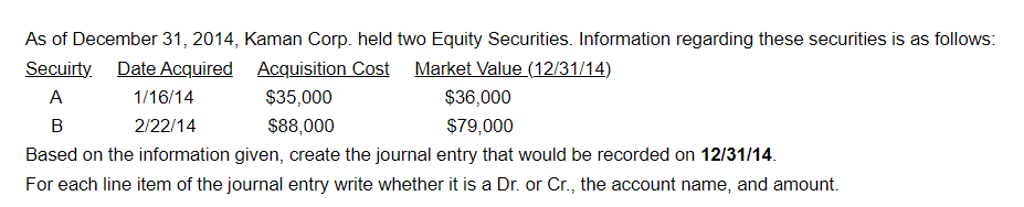 As of December 31, 2014, Kaman Corp. held two Equity Securities. Information regarding these securities is as follows:
Secuirty
Date Acquired
Acquisition Cost
Market Value (12/31/14)
A
$35,000
$88,000
B
Based on the information given, create the journal entry that would be recorded on 12/31/14.
For each line item of the journal entry write whether it is a Dr. or Cr., the account name, and amount.
1/16/14
2/22/14
$36,000
$79,000