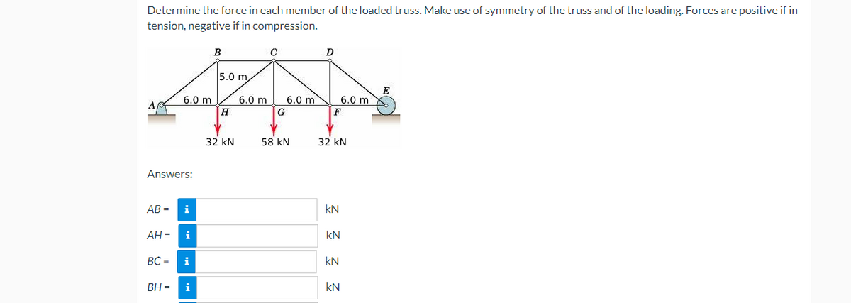 Determine the force in each member of the loaded truss. Make use of symmetry of the truss and of the loading. Forces are positive if in
tension, negative if in compression.
6.0 m
Answers:
AB=
AH = i
BC= i
BH = i
B
5.0 m,
H
32 KN
6.0 m
C
6.0 m
G
58 KN
D
6.0 m
F
32 KN
Ξ Ξ Ξ Ξ
KN
kN
KN