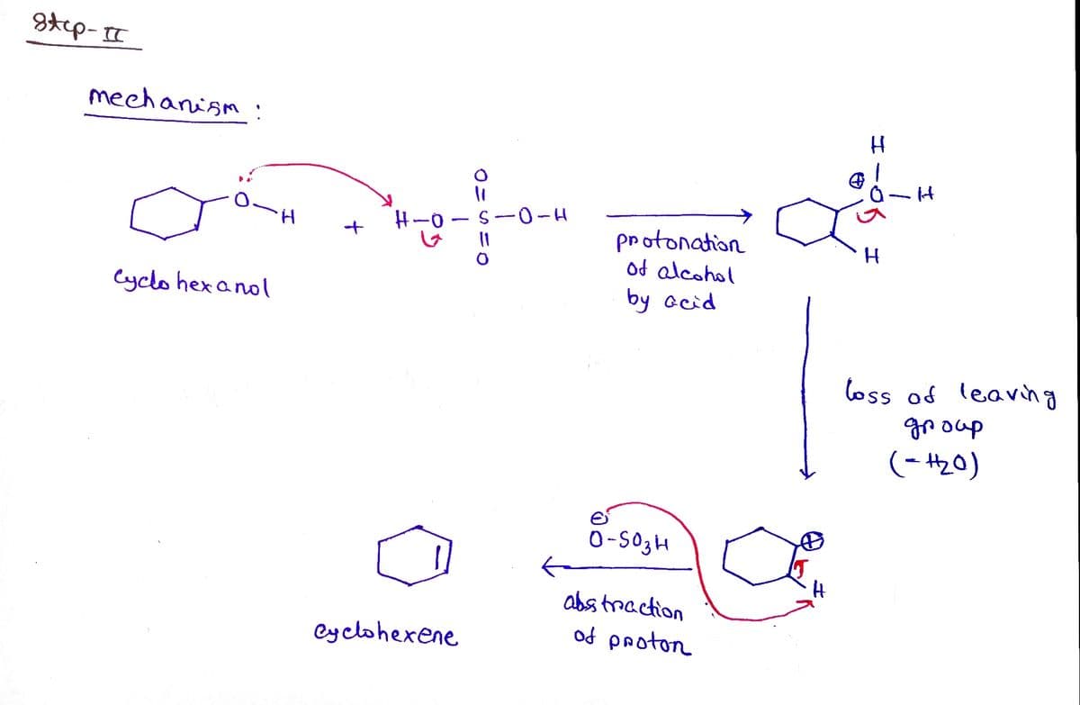 mechanism:
H-0
S-0-H
H.
protonation
od alcohol
by ocid
Cyclo hex a nol
loss of leaving
group
(- 420)
0-S03H
abstraction
Cyclohexene
od proton
エーC
6D エ
