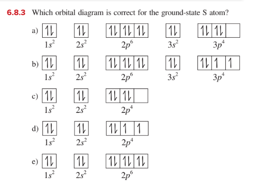 回国
6.8.3 Which orbital diagram is correct for the ground-state S atom?
a) 1L
1s
2s?
2p°
3s?
3p*
b) 1L
1s
1L
1|1 |1
3p*
2s?
2p°
3s
4
c) 1L
1s
1 1L|
1L
2s?
2p*
d) 1L
1L
11 1
1s?
2s2
2p*
e) 1L
1 1L 1
1s
2s?
2p°
