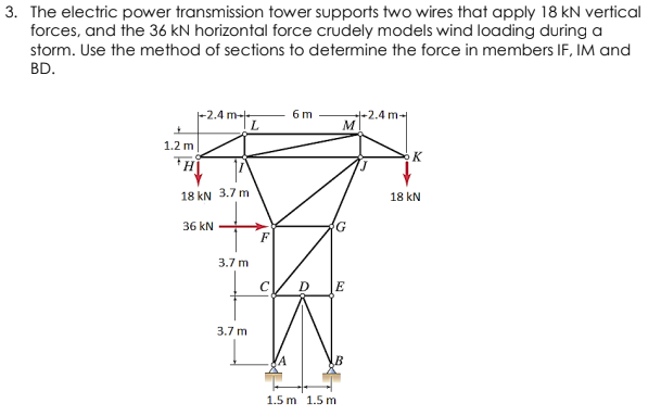 3. The electric power transmission tower supports two wires that apply 18 kN vertical
forces, and the 36 kN horizontal force crudely models wind loading during a
storm. Use the method of sections to determine the force in members IF, IM and
BD.
б m
|-2.4 m--
++2.4 m-
M
1.2 m
*H
18 kN 3.7 m
18 kN
36 kN
F
3.7 m
D
3.7 m
1.5 m 1.5 m
