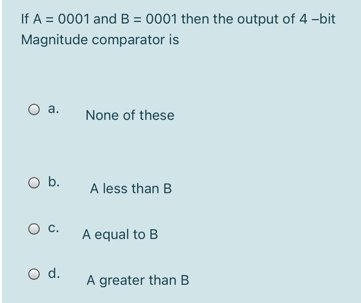 If A = 0001 and B = 0001 then the output of 4 -bit
Magnitude comparator is
O a.
None of these
O b.
A less than B
О с
A equal to B
O d.
A greater than B
