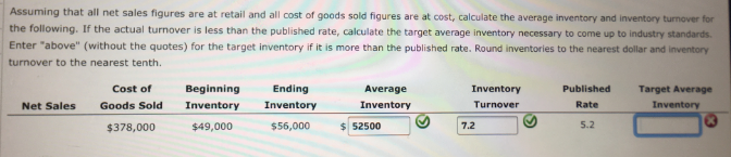 Assuming that all net sales figures are at retail and all cost of goods sold figures are at cost, calculate the average inventory and inventory turnover for
the following. If the actual turnover is less than the published rate, calculate the target average inventory necessary to come up to industry standards.
Enter "above" (without the quotes) for the target inventory if it is more than the published rate. Round inventories to the nearest dollar and inventory
turnover to the nearest tenth.
Cost of
Beginning
Ending
Average
Inventory
Published
Target Average
Net Sales
Goods Sold
Inventory
Inventory
Inventory
Turnover
Rate
Inventory
$378,000
$49,000
$56,000
$ 52500
5.2
7.2
