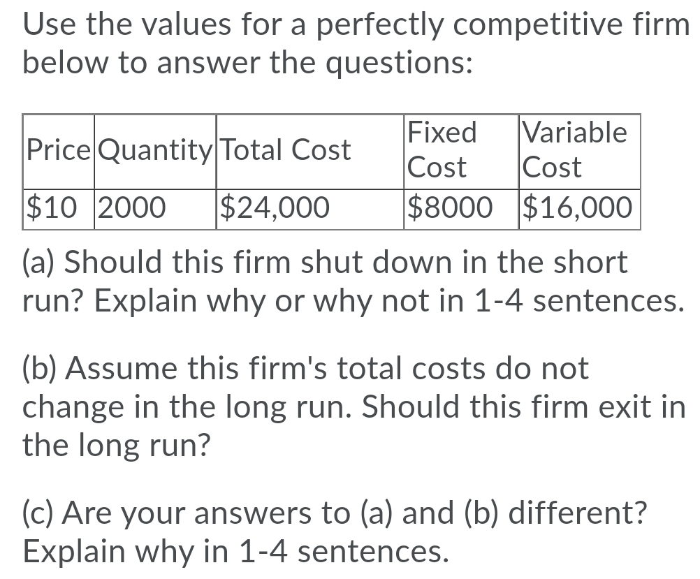 Use the values for a perfectly competitive firm
below to answer the questions:
Fixed
Cost
Variable
Cost
$8000 $16,000
Price Quantity|Total Cost
$10 2000
$24,000
(a) Should this firm shut down in the short
run? Explain why or why not in 1-4 sentences.
(b) Assume this firm's total costs do not
change in the long run. Should this firm exit in
the long run?
(c) Are your answers to (a) and (b) different?
Explain why in 1-4 sentences.
