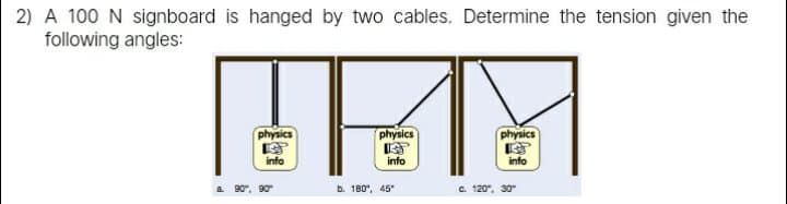2) A 100 N signboard is hanged by two cables. Determine the tension given the
following angles:
physics
physics
physics
info
info
info
a 90", 90
b. 180", 45
C. 120, 30
