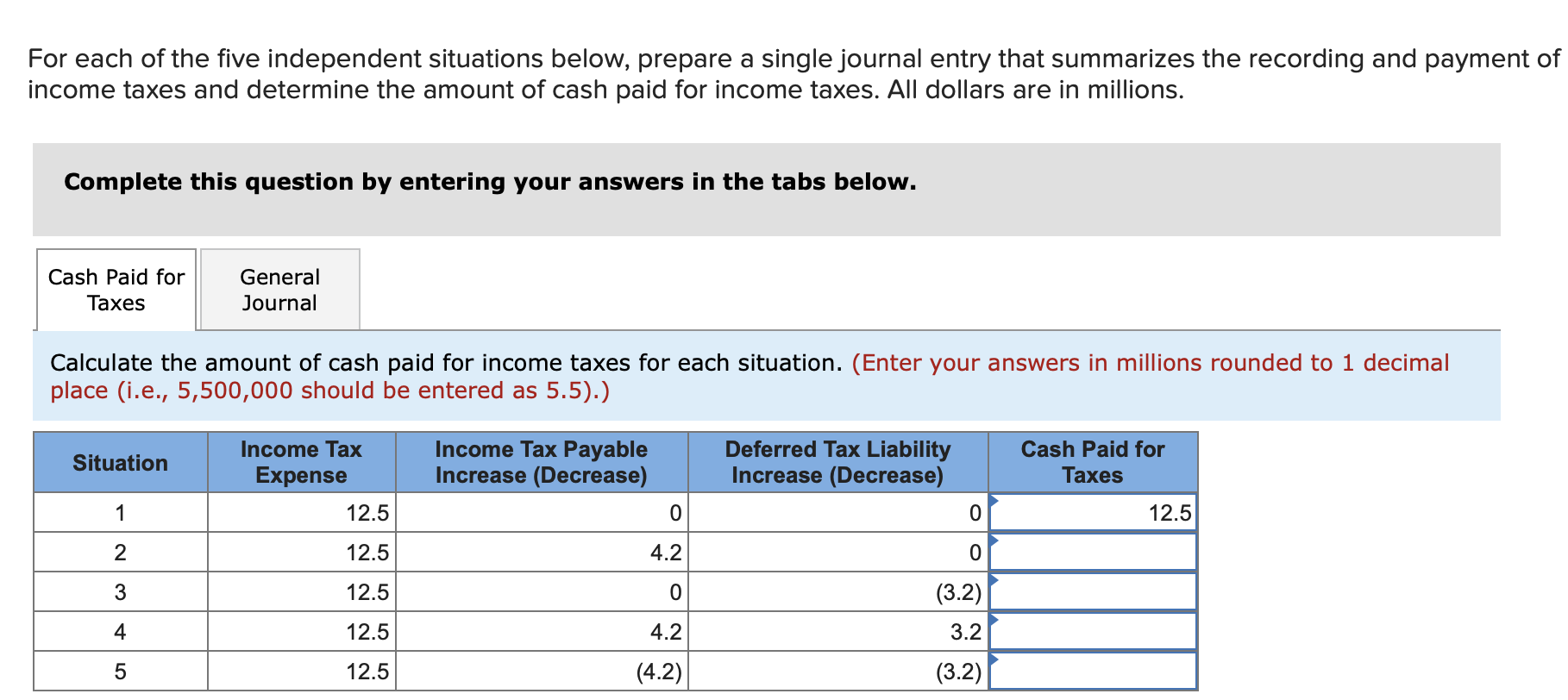 For each of the five independent situations below, prepare a single journal entry that summarizes the recording and payment of
income taxes and determine the amount of cash paid for income taxes. All dollars are in millions.
Complete this question by entering your answers in the tabs below.
Cash Paid for
General
Таxes
Journal
Calculate the amount of cash paid for income taxes for each situation. (Enter your answers in millions rounded to 1 decimal
place (i.e., 5,500,000 should be entered as 5.5).)
Income Tax Payable
Increase (Decrease)
Deferred Tax Liability
Increase (Decrease)
Income Tax
Cash Paid for
Situation
Expense
Taxes
1
12.5
12.5
12.5
4.2
12.5
(3.2)
4
12.5
4.2
3.2
12.5
(4.2)
(3.2)
5
