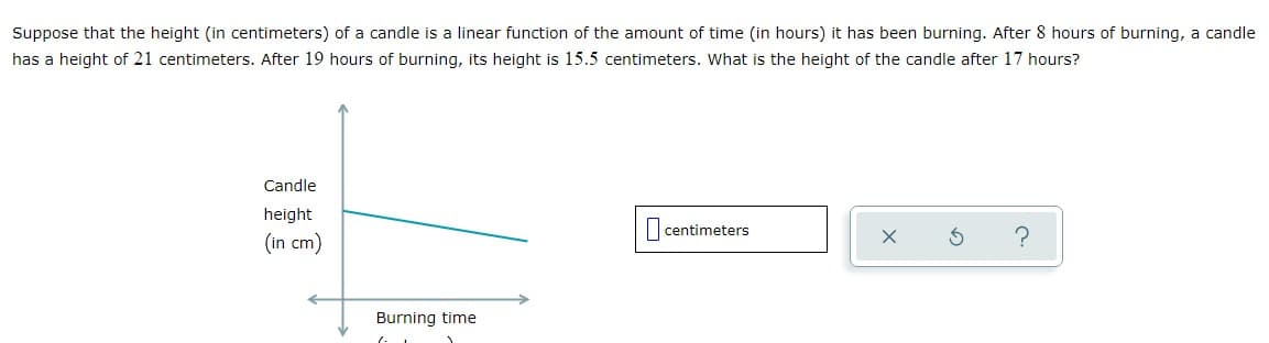 Suppose that the height (in centimeters) of a candle is a linear function of the amount of time (in hours) it has been burning. After 8 hours of burning, a candle
has a height of 21 centimeters. After 19 hours of burning, its height is 15.5 centimeters. What is the height of the candle after 17 hours?
Candle
height
centimeters
(in cm)
Burning time
