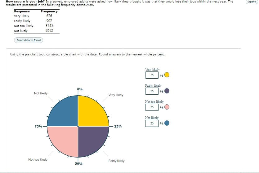 How secure is your job? In a survey, employed adults were asked how likely they thought it was that they would lose their jobs within the next year. The
results are presented in the following frequency distribution.
Response
Frequency
Very likely
626
Fairly likely
902
Not too likely
3745
Not likely
9212
Send data to Excel
Using the pie chart tool, construct a pie chart with the data. Round answers to the nearest whole percent.
Very likely
25 %
Fairly likely
0%
25
%
Not likely
Very likely
Not too likely
25
%
Not likely
75%
25%
Not too likely
Fairly likely
50%
25 %
Español