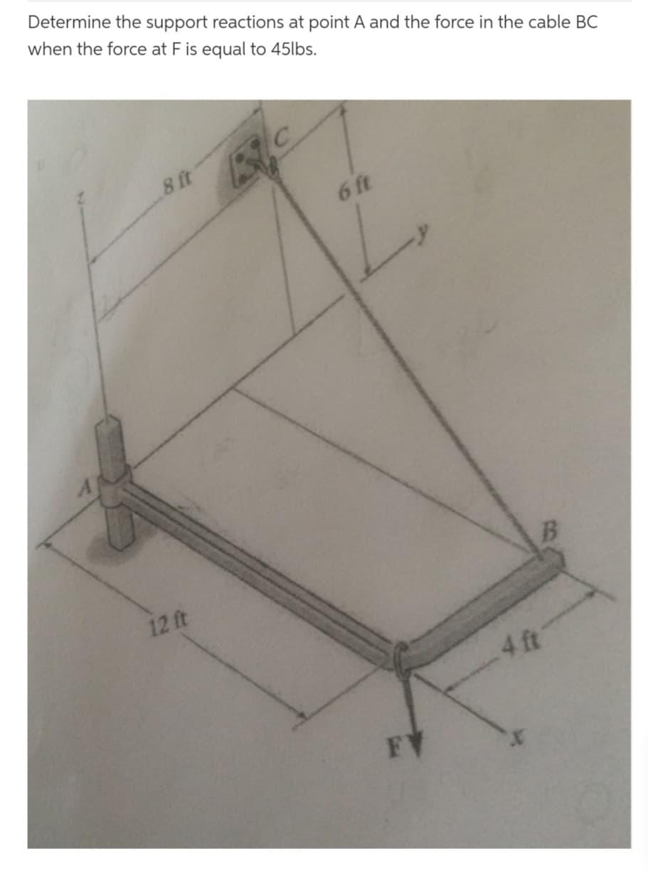 Determine the support reactions at point A and the force in the cable BC
when the force at F is equal to 45lbs.
8 ft
12 ft
6 ft
FY
B
4 ft