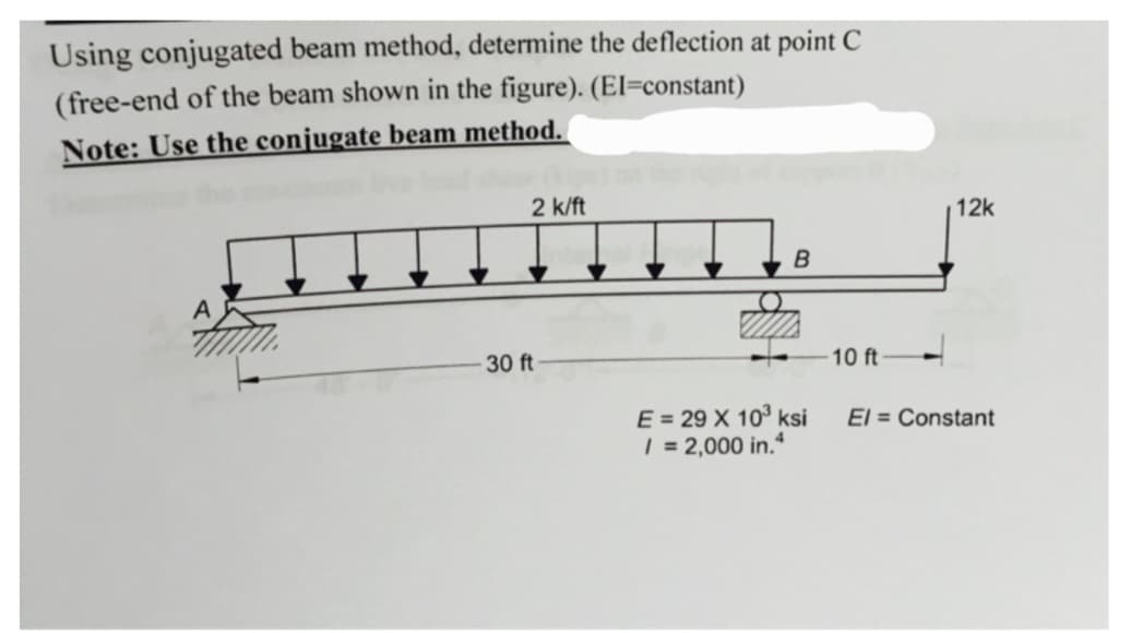 Using conjugated beam method, determine the deflection at point C
(free-end of the beam shown in the figure). (El=constant)
Note: Use the conjugate beam method.
2 k/ft
30 ft
B
E = 29 X 10³ ksi
/ = 2,000 in.4
10 ft
12k
El Constant