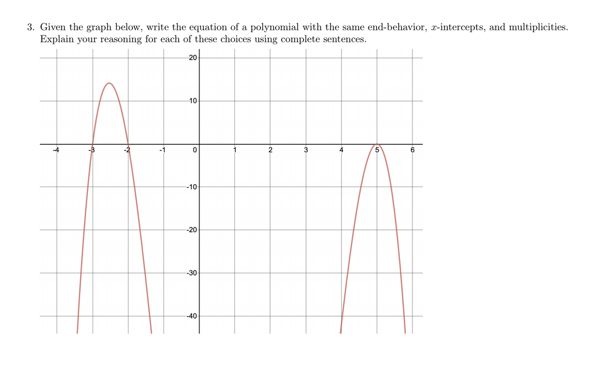 3. Given the graph below, write the equation of a polynomial with the same end-behavior, x-intercepts, and multiplicities.
Explain your reasoning for each of these choices using complete sentences.
20-
10-
-4
-1
1
2
4
5.
6.
--10-
--20
--30
-40-
