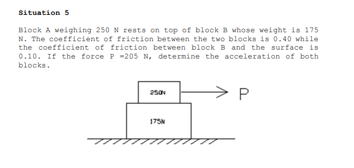 Situation 5
Block A weighing 250 N rests on top of block B whose weight is 175
N. The coefficient of friction between the two blocks is 0.40 while
the coefficient of friction between block B and the surface is
0.10. If the force P =205 N, determine the acceleration of both
blocks.
P
250N
175N

