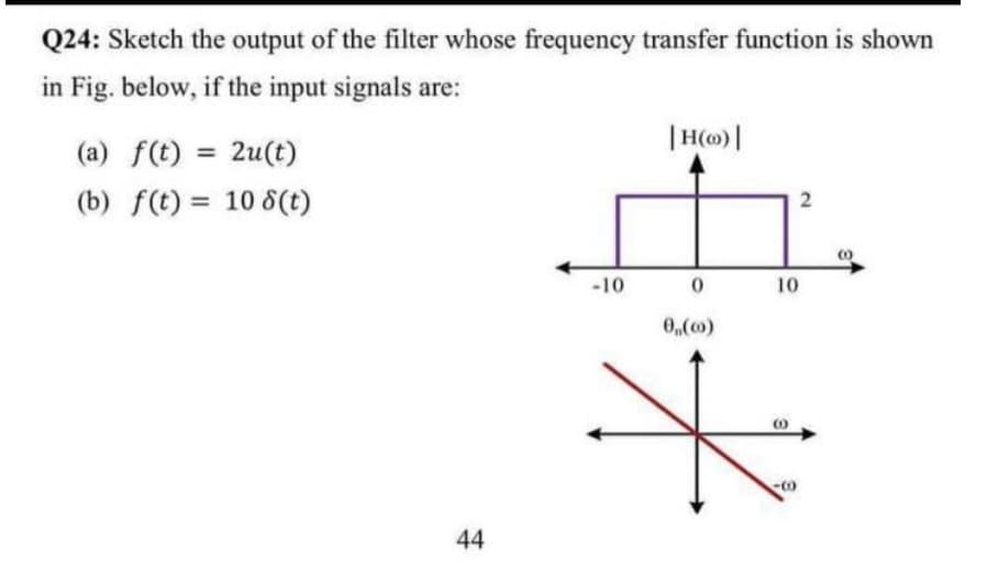Q24: Sketch the output of the filter whose frequency transfer function is shown
in Fig. below, if the input signals are:
| H(o) |
(a) f(t) = 2u(t)
%3D
(b) f(t) = 10 8(t)
2
%3D
-10
10
0,(0)
44
