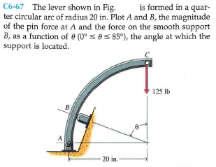 is formed in a quar-
C6-67 The lever shown in Fig.
ter circular arc of radius 20 in. Plot A and B, the magnitude
of the pin force at A and the force on the smooth support
B, as a function of e (0° s 0s 85°), the angle at which the
support is located.
125 lb
B
A
20 in.
