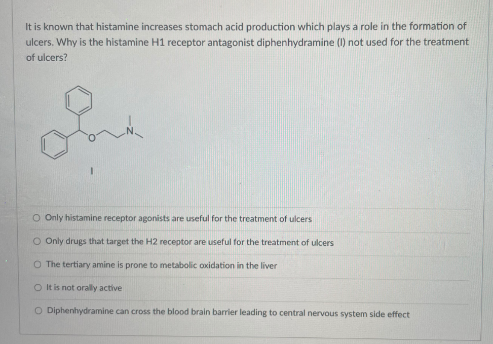 It is known that histamine increases stomach acid production which plays a role in the formation of
ulcers. Why is the histamine H1 receptor antagonist diphenhydramine (I) not used for the treatment
of ulcers?
O Only histamine receptor agonists are useful for the treatment of ulcers
O Only drugs that target the H2 receptor are useful for the treatment of ulcers
O The tertiary amine is prone to metabolic oxidation in the liver
O It is not orally active
O Diphenhydramine can cross the blood brain barrier leading to central nervous system side effect
