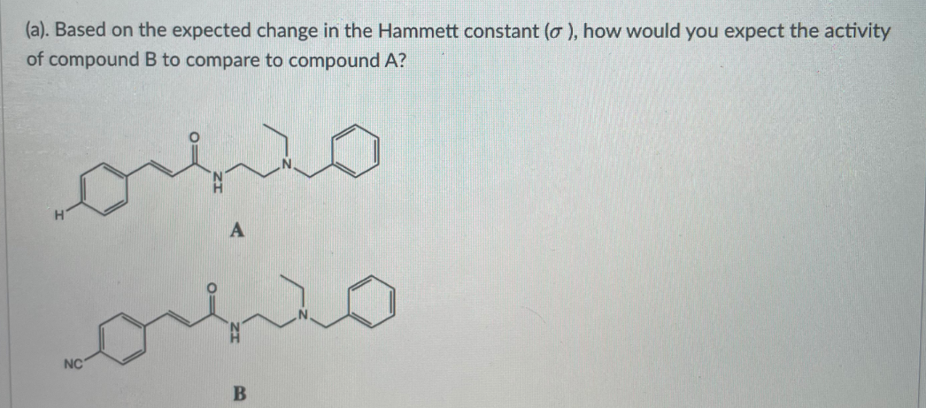 (a). Based on the expected change in the Hammett constant (o ), how would you expect the activity
of compound B to compare to compound A?
NC
B
