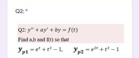 Q2:
Q2: y" + ay' + by = f(t)
Find a,b and f(t) so that
Ypı = et + t? – 1,
Yp2 = e2t +t2 – 1
%3D
%3D
