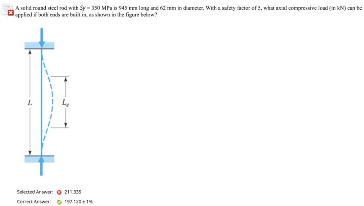 A solid round steel rod with Sy = 350 MPa is 945 mm long and 62 mm in diameter. With a safety factor of 5, what axial compressive load (in kN) can be
applied if both ends are built in, as shown in the figure below?
Selected Answer:
211.335
Correct Answer:
197.120 t 1%
