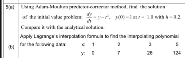 5(a) Using Adam-Moulton predictor-corrector method, find the solution
dy
of the initial value problem:
- = y-ť², y(0) =1 at t = 1.0 with h = 0.2.
dt
Compare it with the analytical solution.
Apply Lagrange's interpolation formula to find the interpolating polynomial
for the following data:
1
2
3
X:
(b)
у: 0
7
26
124
