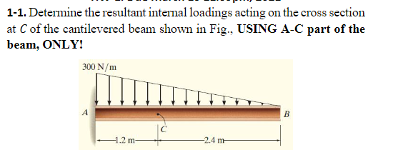 1-1. Determine the resultant internal loadings acting on the cross section
at C of the cantilevered beam shown in Fig., USING A-C part of the
beam, ONLY!
300 N/m
-1.2 m-
-2.4 m
