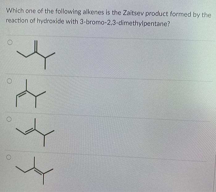 Which one of the following alkenes is the Zaitsev product formed by the
reaction of hydroxide with 3-bromo-2,3-dimethylpentane?

