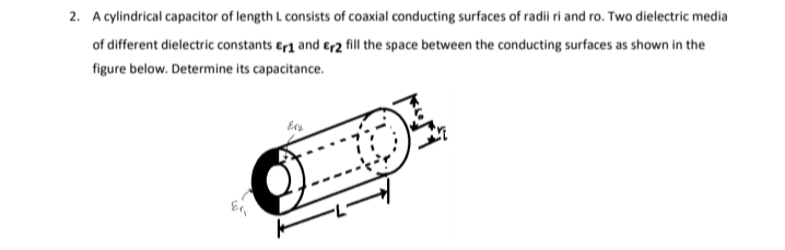 2. A cylindrical capacitor of length L consists of coaxial conducting surfaces of radii ri and ro. Two dielectric media
of different dielectric constants er1 and er2 fill the space between the conducting surfaces as shown in the
figure below. Determine its capacitance.
