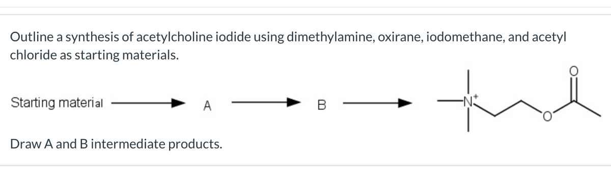 Outline a synthesis of acetylcholine iodide using dimethylamine, oxirane, iodomethane, and acetyl
chloride as starting materials.
Starting material
A
В
Draw A and B intermediate products.
