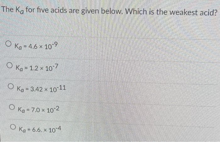The Ka for five acids are given below. Which is the weakest acid?
O Ka = 4.6 x 10-9
O Ka = 1.2 x 107
O Ka - 3.42 x 10 11
O Ka = 7.0 x 102
Ka = 6.6, x 10-4
