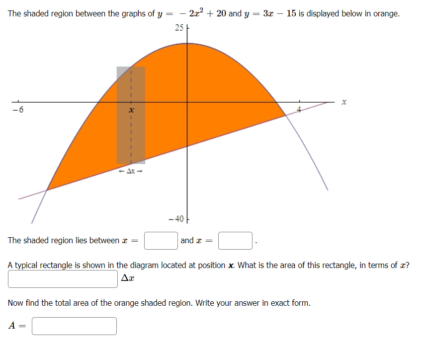 The shaded region between the graphs of y
– 2x? + 20 and y
3x – 15 is displayed below in orange.
|
25
-6
- Ax -
- 40
The shaded region lies between æ =
and x
A typical rectangle is shown in the diagram located at position x. What is the area of this rectangle, in terms of x?
Ar
Now find the total area of the orange shaded region. Write your answer in exact form.
A =
