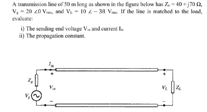 A transmission line of 50 m long as shown in the figure below has Zo = 40 +j70 2,
V. = 20 20 Vrms, and VL = 10 2-38 Vrms. If the line is matched to the load,
evaluate:
i) The sending end voltage Vin and current Iin
ii) The propagation constant.
lin
Zg
Vin
V8
