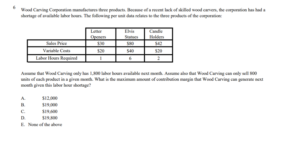 6
Wood Carving Corporation manufactures three products. Because of a recent lack of skilled wood carvers, the corporation has had a
shortage of available labor hours. The following per unit data relates to the three products of the corporation:
Letter
Elvis
Candle
Оpeners
Statues
Holders
Sales Price
$30
$80
$42
Variable Costs
$20
$40
$20
Labor Hours Required
1
6
2
Assume that Wood Carving only has 1,800 labor hours available next month. Assume also that Wood Carving can only sell 800
units of each product in a given month. What is the maximum amount of contribution margin that Wood Carving can generate next
month given this labor hour shortage?
A.
$12,000
В.
$19,000
С.
$19,600
D.
$19,800
E. None of the above
