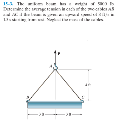 15-3. The uniform beam has a weight of 5000 lb.
Determine the average tension in each of the two cables AB
and AC if the beam is given an upward speed of 8 ft/s in
1.5 s starting from rest. Neglect the mass of the cables.
4 ft
B.
3 ft
3 ft
