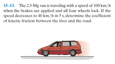 15-13. The 2.5-Mg van is traveling with a speed of 100 km/h
when the brakes are applied and all four wheels lock. If the
speed decreases to 40 km/h in 5 s, determine the coefficient
of kinetic friction between the tires and the road.
