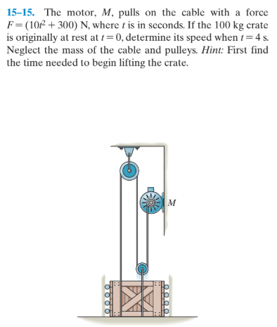 15-15. The motor, M, pulls on the cable with a force
F= (102 + 300) N, where t is in seconds. If the 100 kg crate
is originally at rest at t=0, determine its speed when t=4 s.
Neglect the mass of the cable and pulleys. Hint: First find
the time needed to begin lifting the crate.
