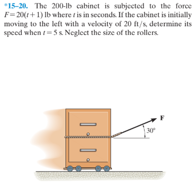 *15-20. The 200-lb cabinet is subjected to the force
F=20(1+1) lb where t is in seconds. If the cabinet is initially
moving to the left with a velocity of 20 ft/s, determine its
speed when t= 5 s. Neglect the size of the rollers.
30°
