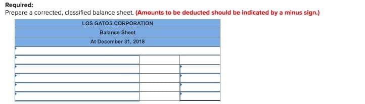 Required:
Prepare a corrected, classified balance sheet. (Amounts to be deducted should be indicated by a minus sign.)
LOS GATOS CORPORATION
Balance Sheet
At December 31, 2018

